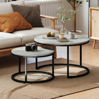 Tables gigognes rondes effet pierre, structure métal noir, lot de 2