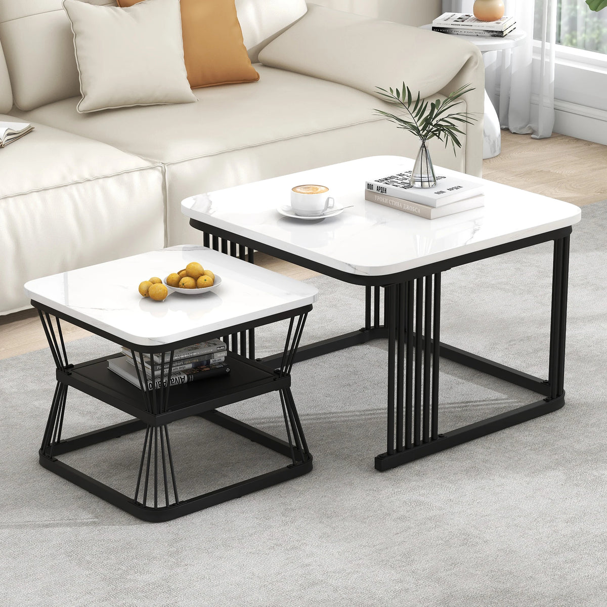Tables gigognes carrées 65 cm effet marbre, structure métal, lot de 2