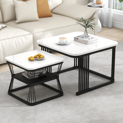 Tables gigognes carrées 65 cm effet marbre, structure métal, lot de 2