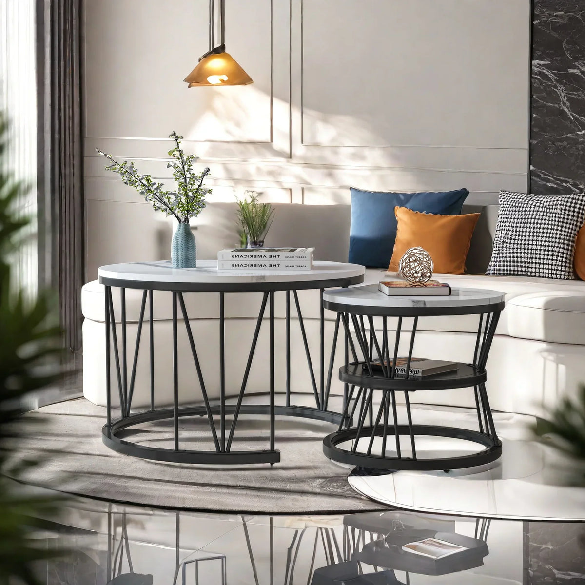 Tables basses rondes Ø70 et Ø45 empilables, plateau effet marbre, lot de 2