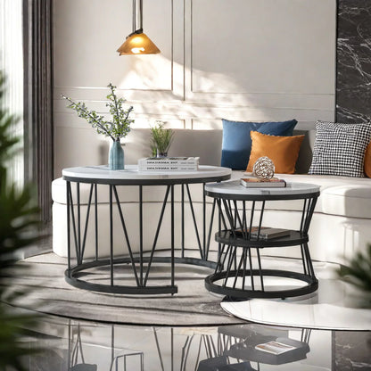 Tables basses rondes Ø70 et Ø45 empilables, plateau effet marbre, lot de 2