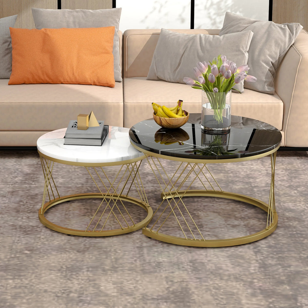 Tables gigognes rondes Ø70 plateau décor marbre, cadre doré, lot de 2
