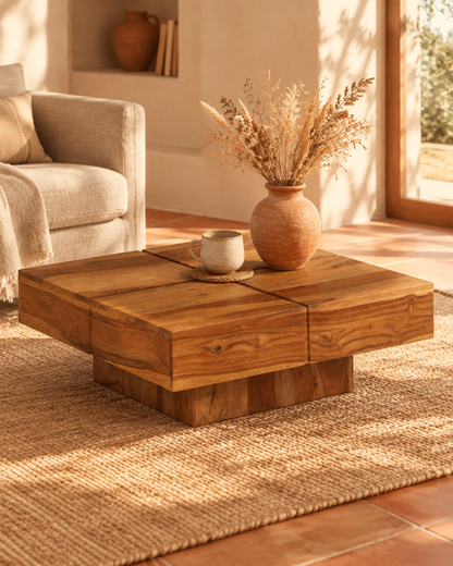 Table basse carrée 80 acacia H30 - vue plongeante