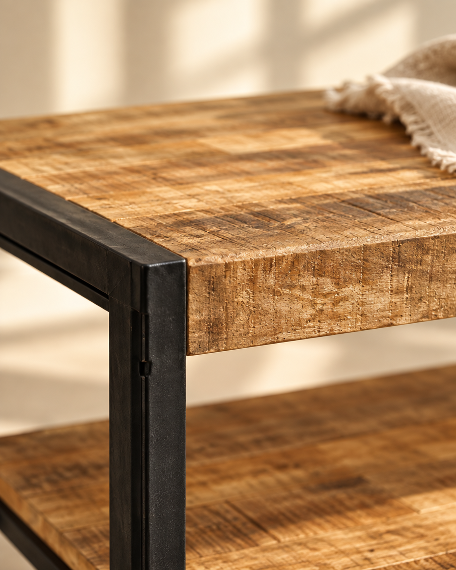 Table basse 90 cm manguier brut et fer - détail bois