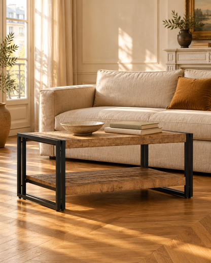 Table basse 90 cm manguier brut et fer - salon