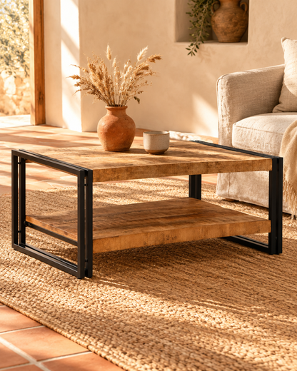 Table basse 90 cm manguier brut et fer - vue plongeante