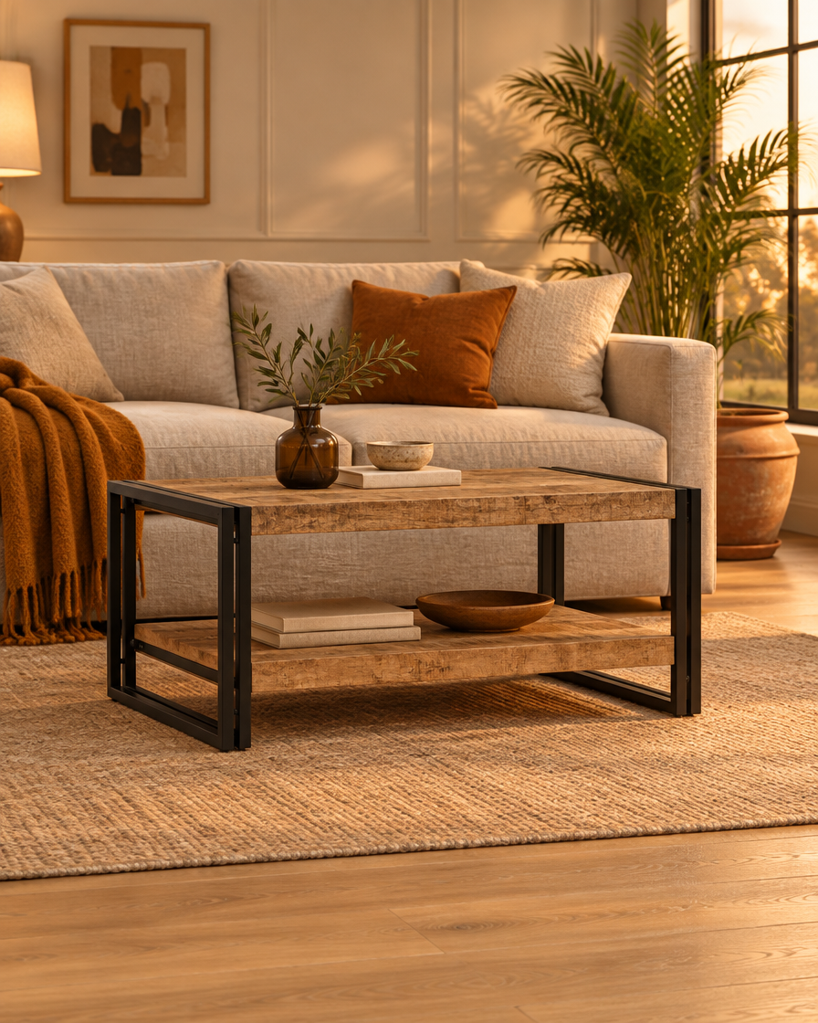 Table basse 90 cm manguier brut et fer - plan large