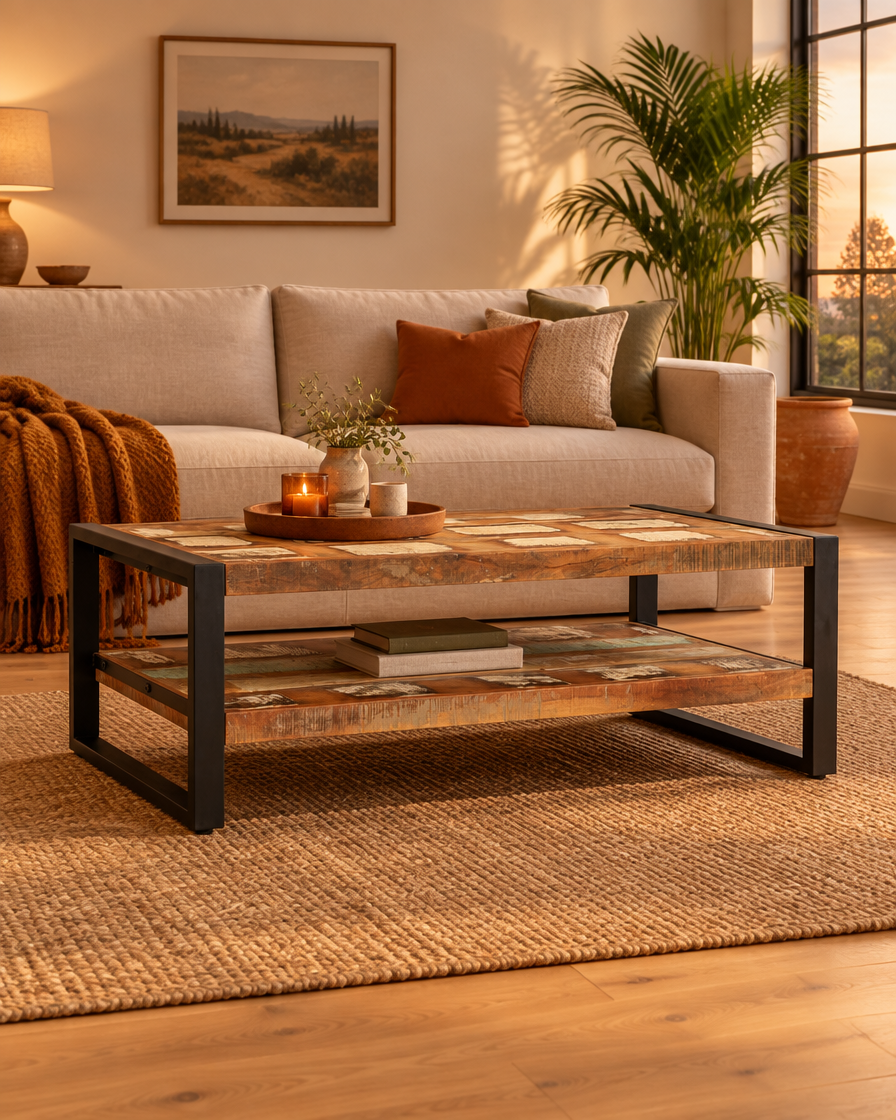 Table basse 120 bois massif étagère - plan large