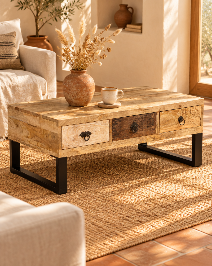 Table basse 3 tiroirs manguier - vue plongeante