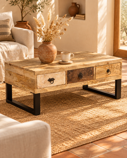 Table basse 3 tiroirs manguier - vue plongeante