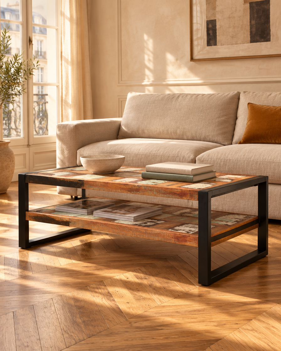 Table basse 120 bois massif étagère - salon