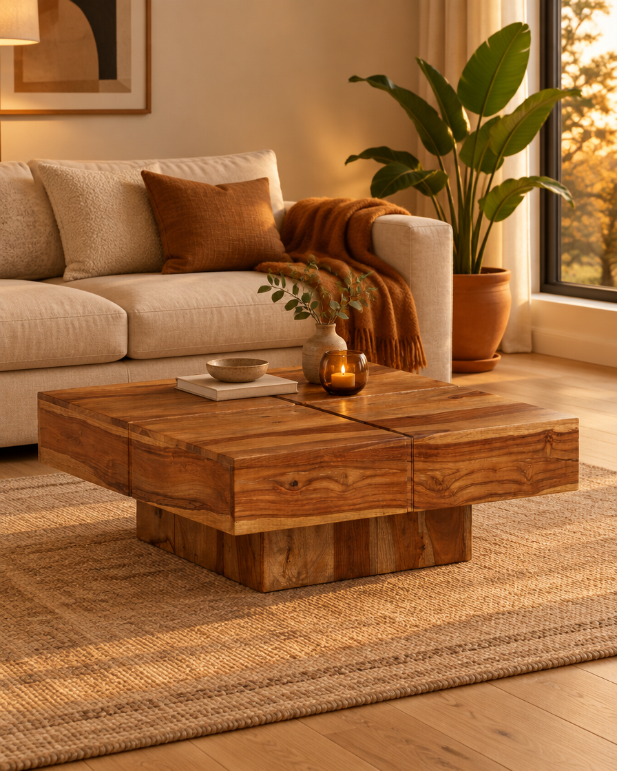 Table basse carrée 80 acacia H30 - plan large