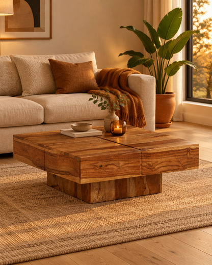 Table basse carrée 80 acacia H30 - plan large