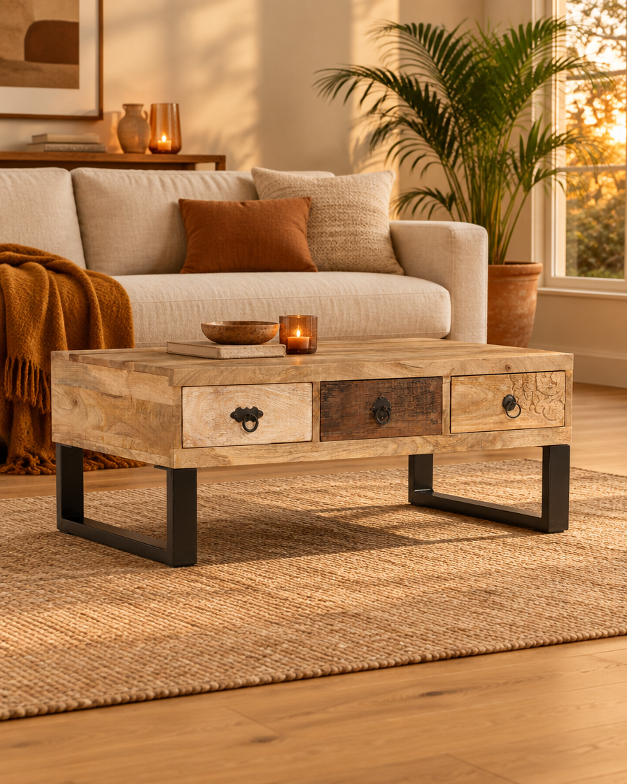 Table basse 3 tiroirs manguier - plan large