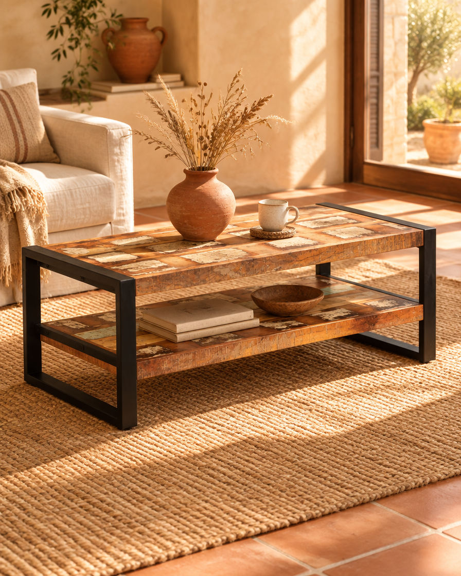Table basse 120 bois massif étagère - vue plongeante