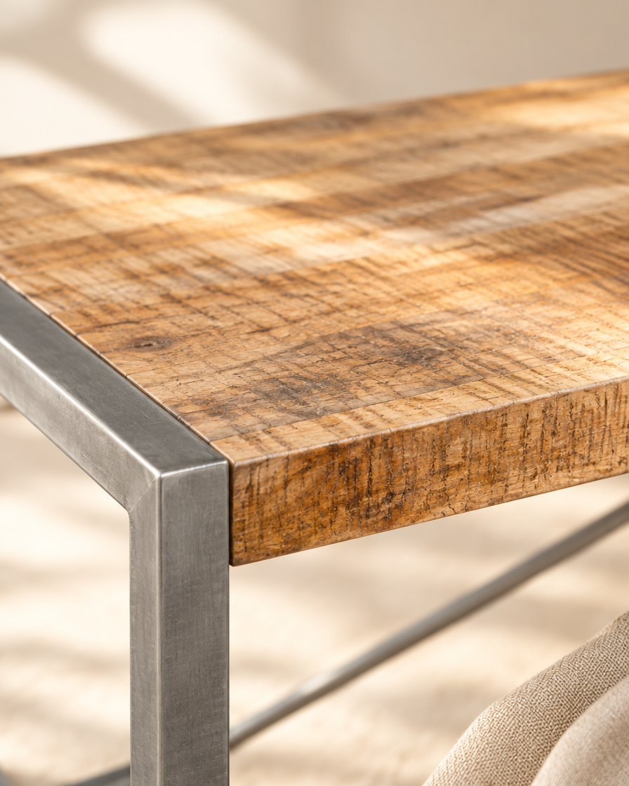 Table basse 120 manguier et acier gris - détail bois
