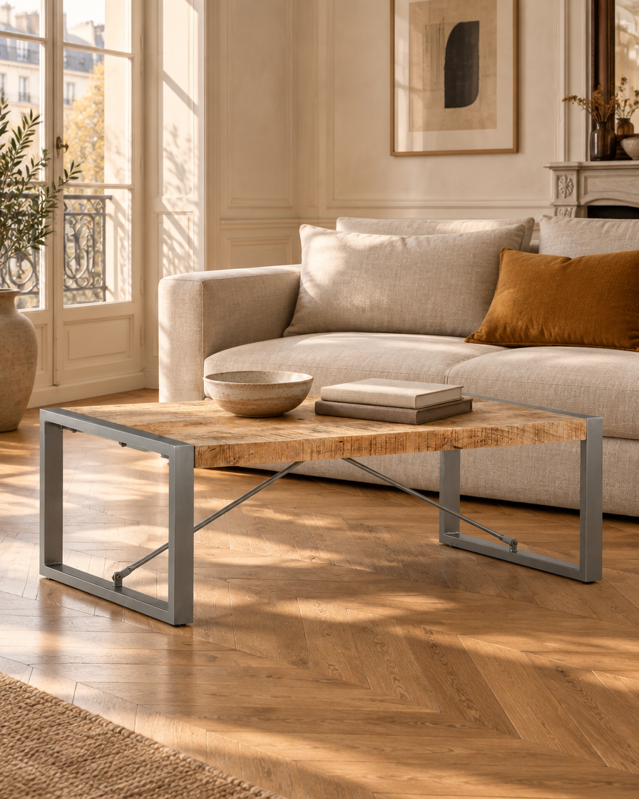 Table basse 120 manguier et acier gris - salon