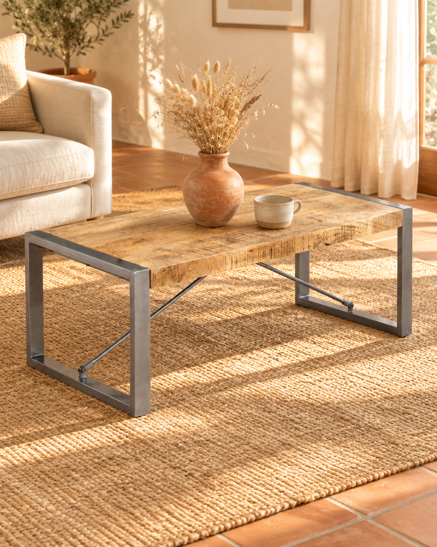 Table basse 120 manguier et acier gris - vue plongeante