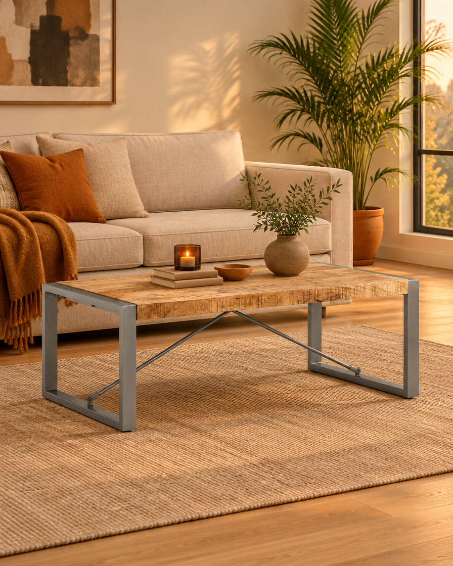 Table basse 120 manguier et acier gris - plan large