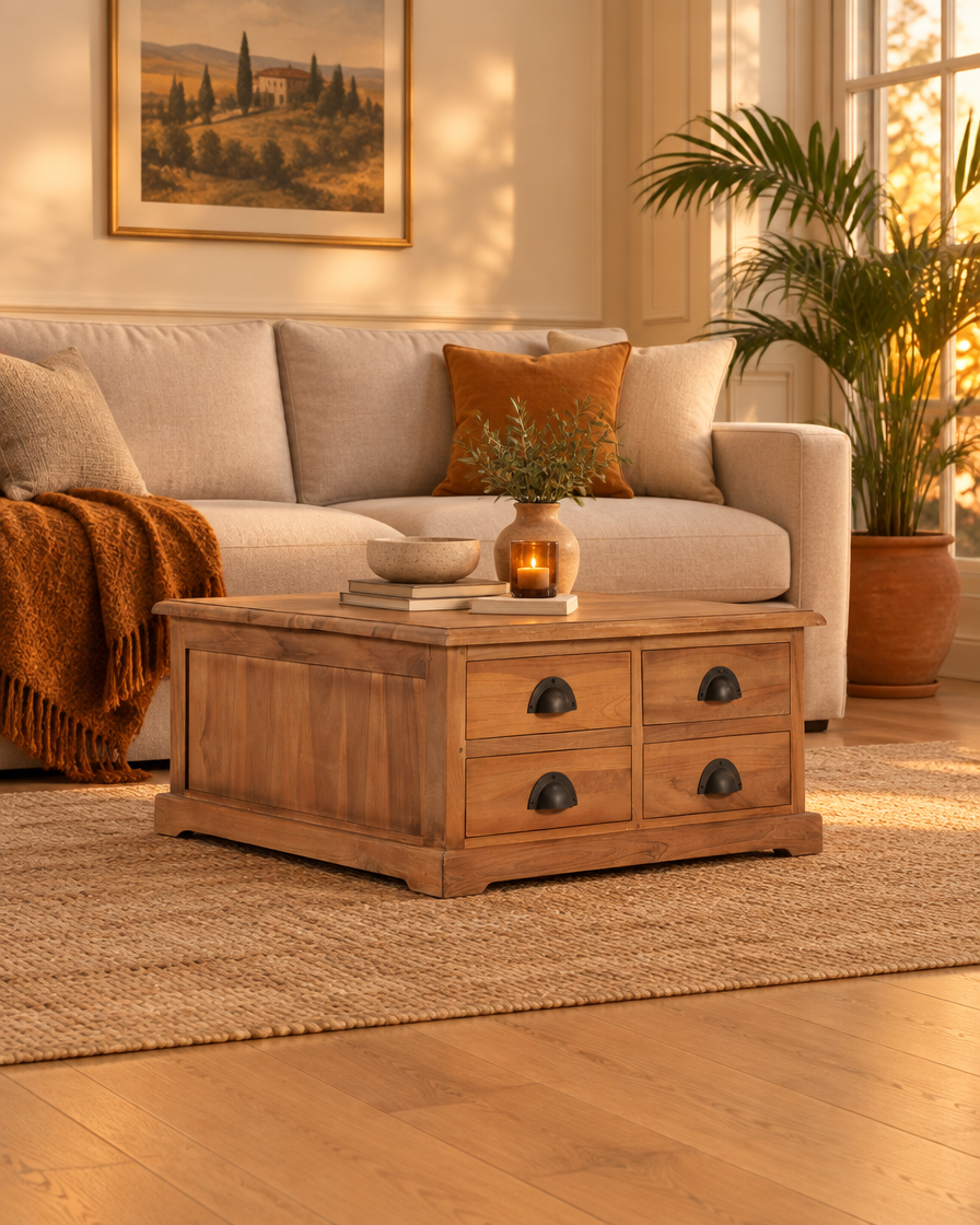 Table basse teck 68 tiroirs - plan large