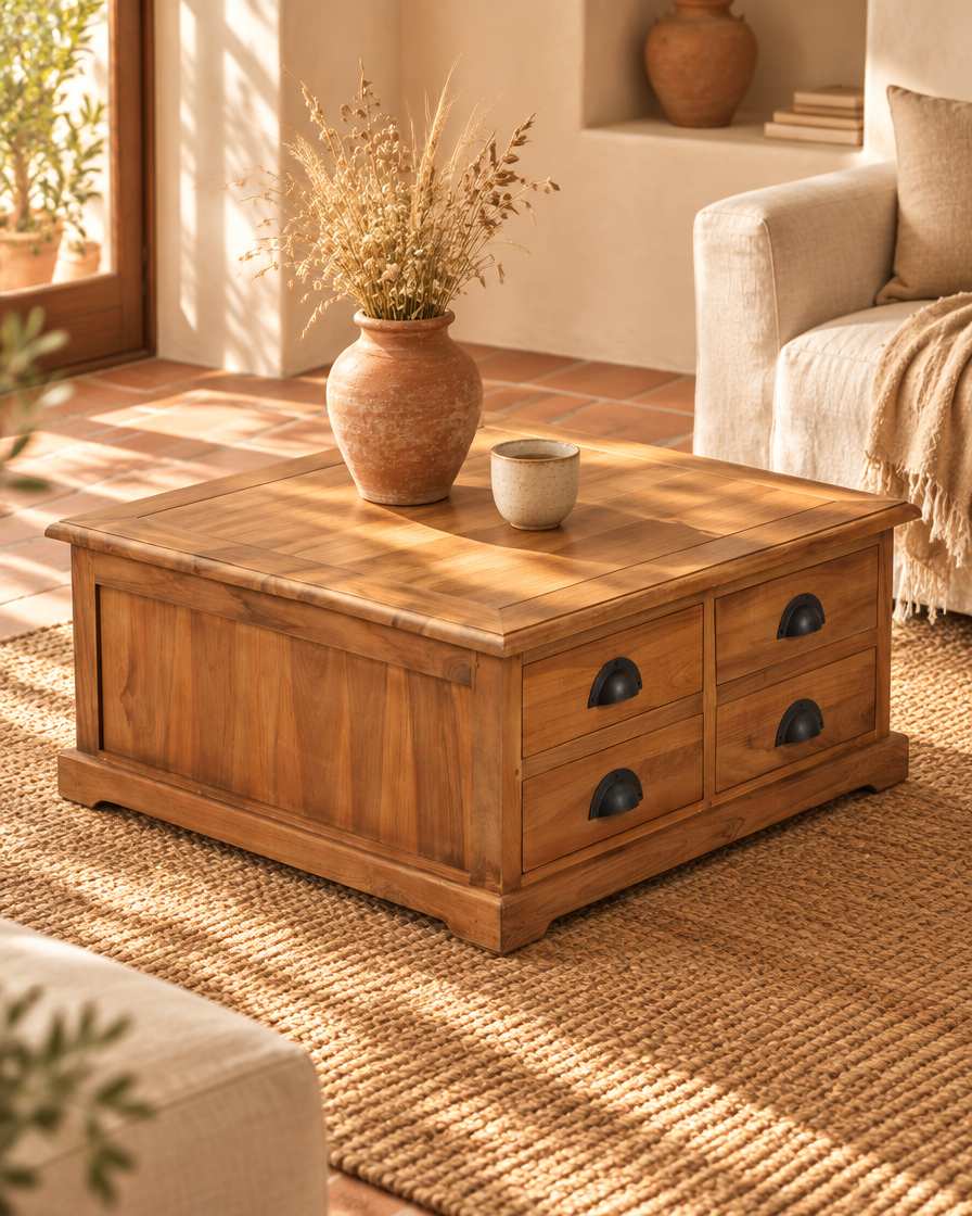 Table basse teck 68 tiroirs - vue plongeante