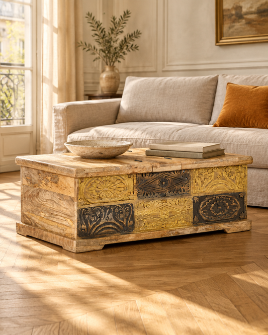 Table basse coffre sculptée manguier - salon