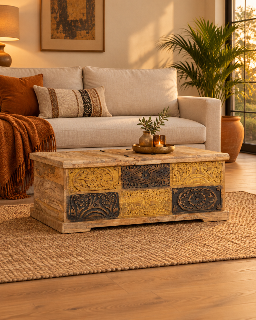 Table basse coffre sculptée manguier - plan large