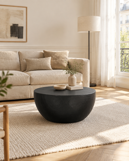 Table basse tambour aluminium martelé noir - plan large