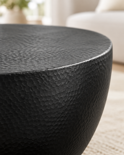 Table basse tambour aluminium martelé noir - détail