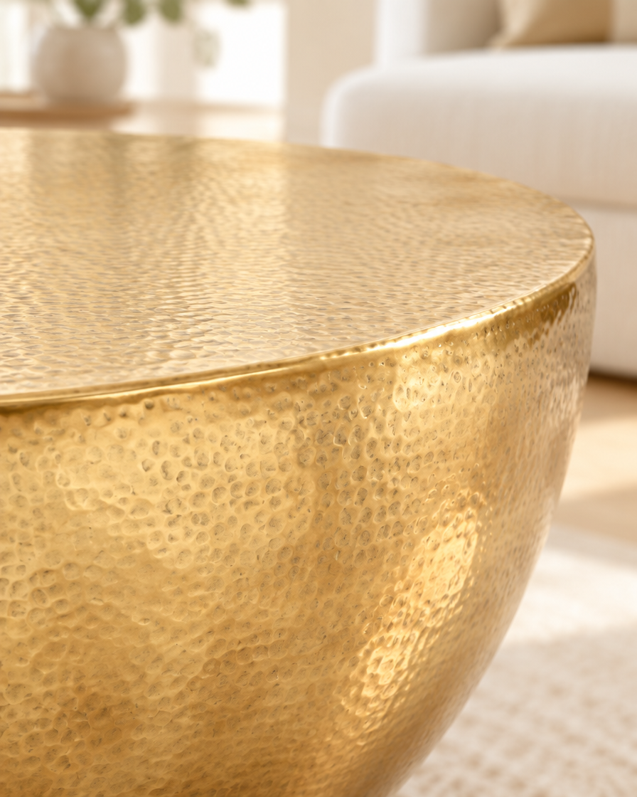 Table basse tambour aluminium martelé laiton - détail