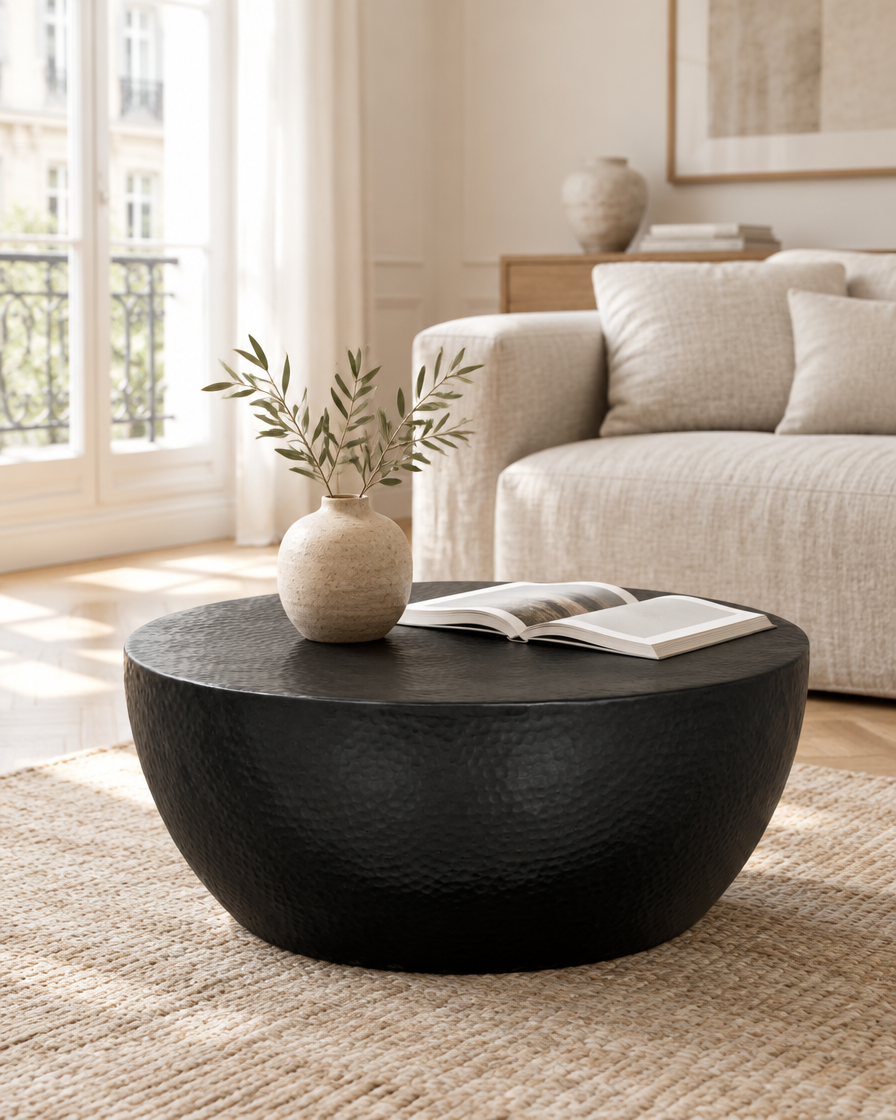 Table basse tambour aluminium martelé noir - salon