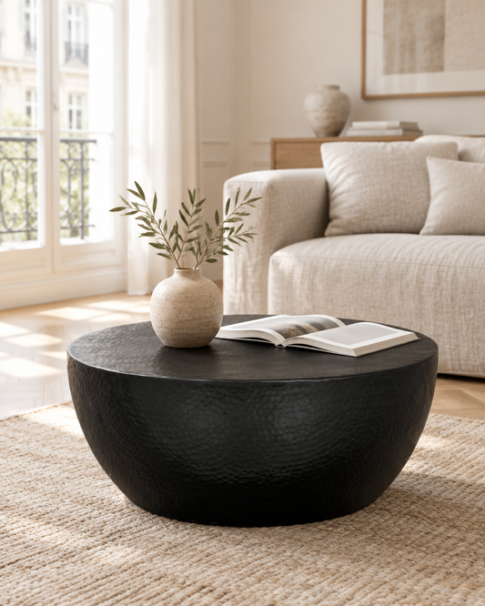 Table basse tambour aluminium martelé noir - salon