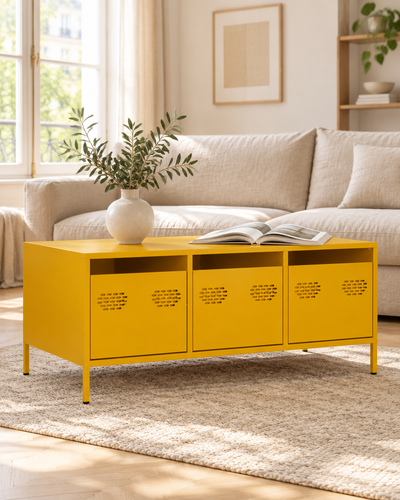 Table basse 101 cm en acier laminé à froid, jaune moutarde