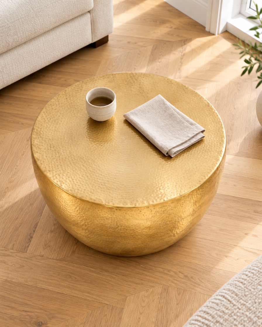 Table basse tambour aluminium martelé laiton - vue plongeante
