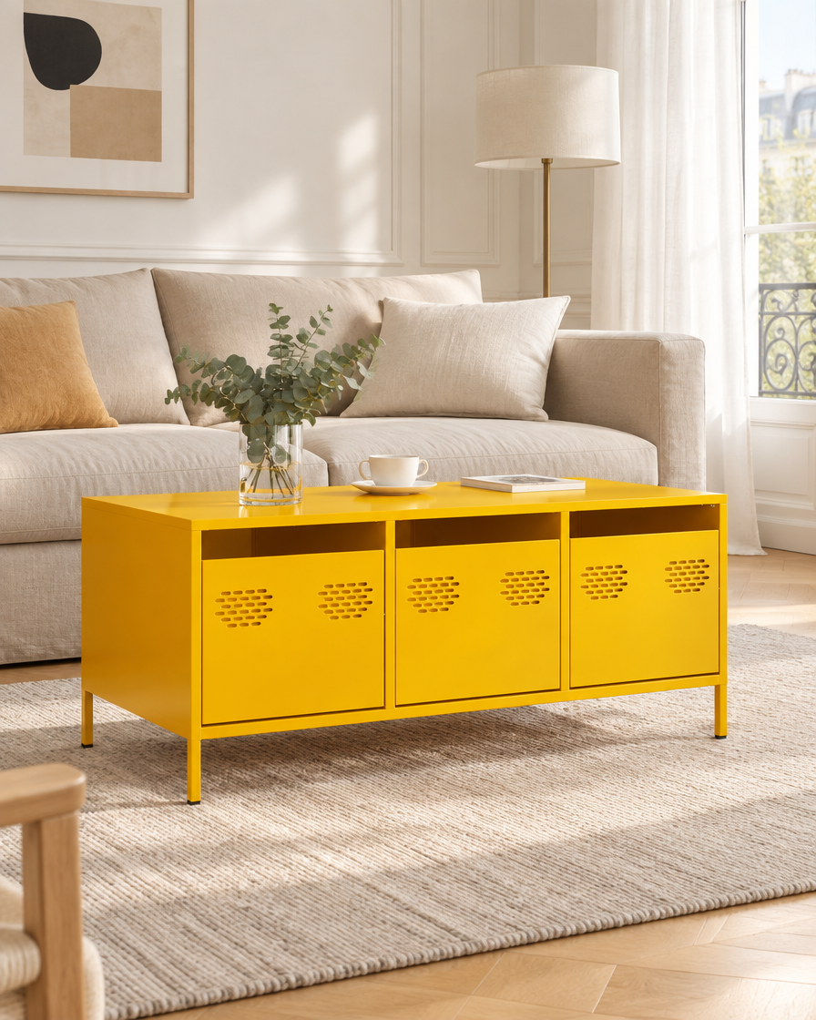 Table basse acier jaune moutarde 101 - plan large