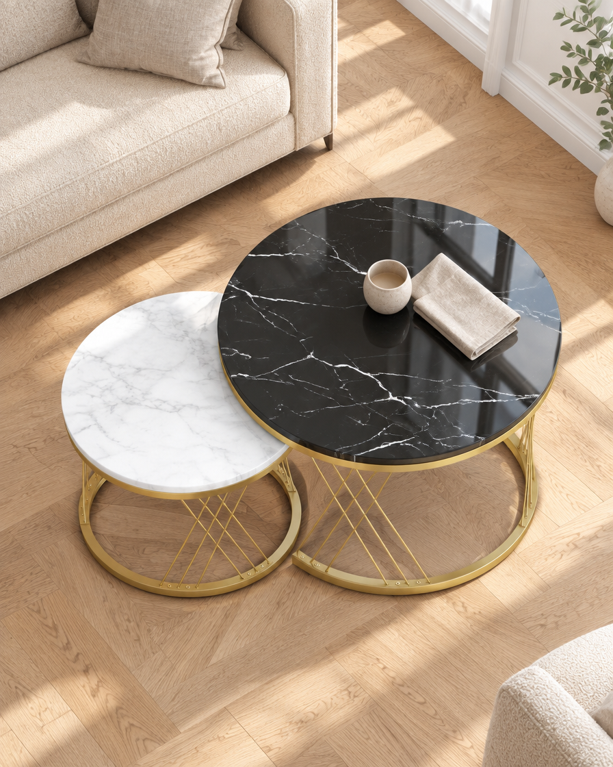 Tables gigognes décor marbre cadre doré - vue plongeante