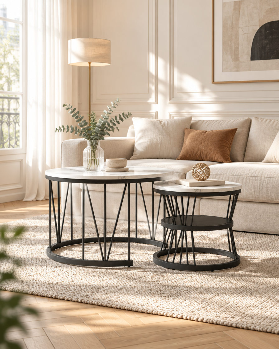 Tables rondes empilables effet marbre - plan large