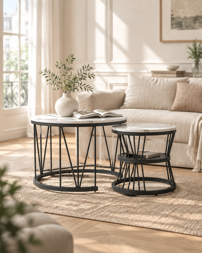 Tables rondes empilables effet marbre - salon