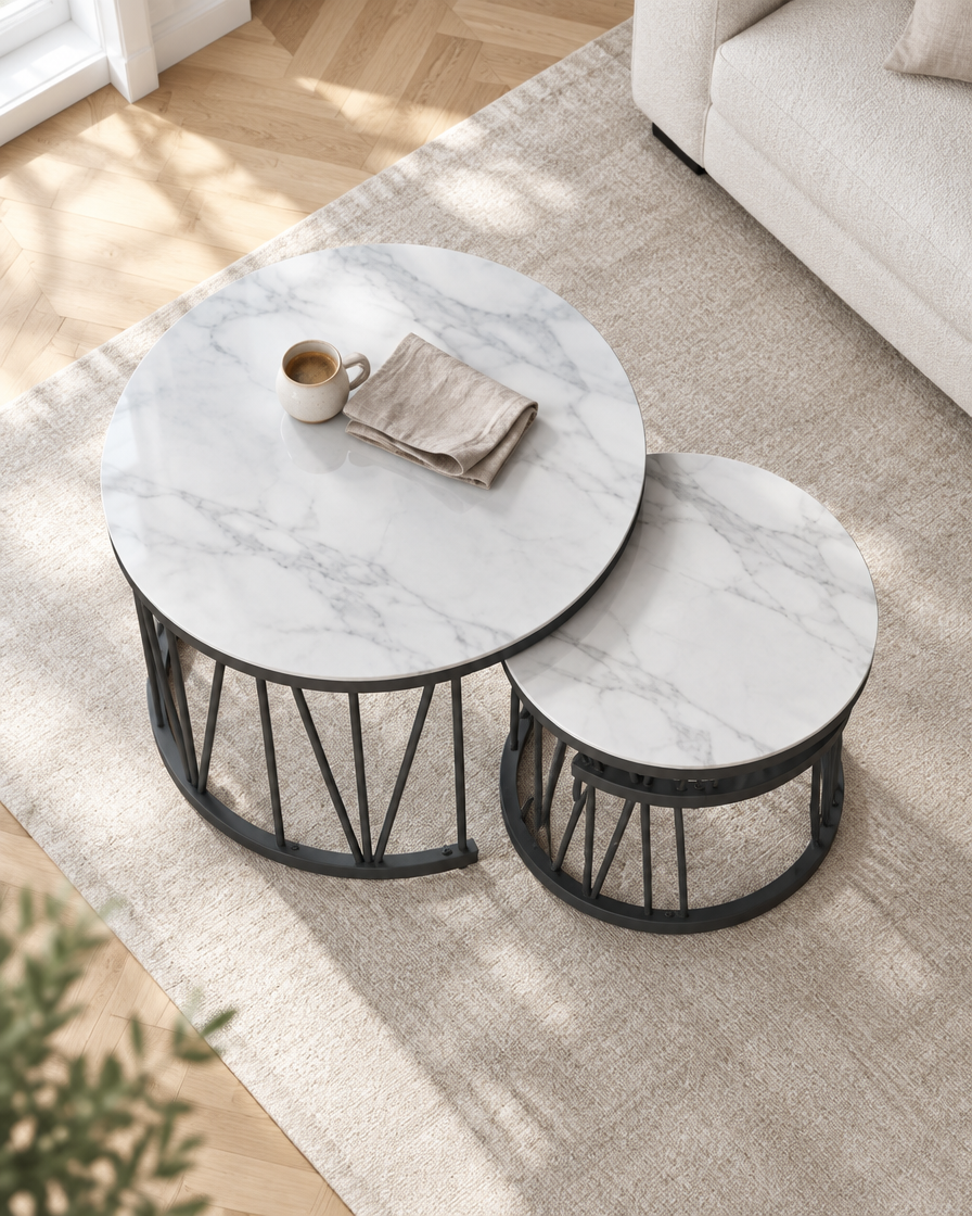 Tables rondes empilables effet marbre - vue plongeante