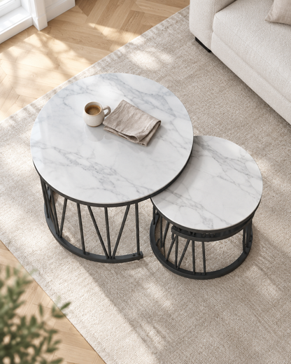 Tables rondes empilables effet marbre - vue plongeante