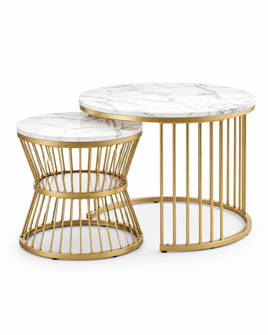 Tables gigognes MDF motif marbre cadre doré - packshot