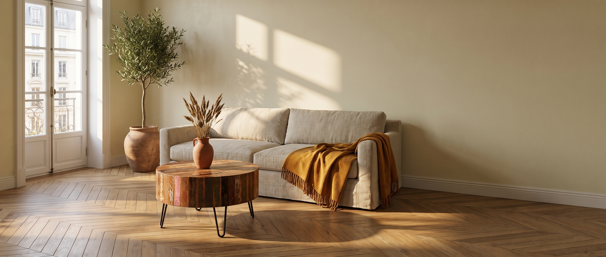Table basse en bois massif dans un salon baigné de lumière naturelle