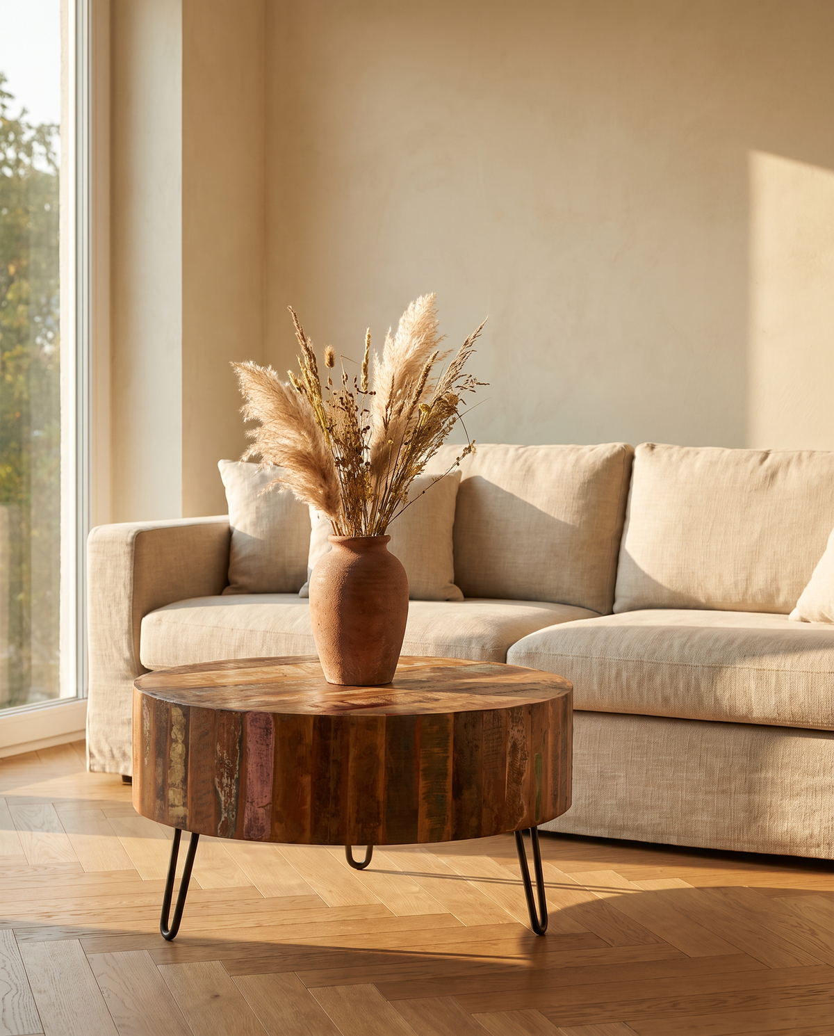 Table basse en bois massif dans un salon baigné de lumière naturelle