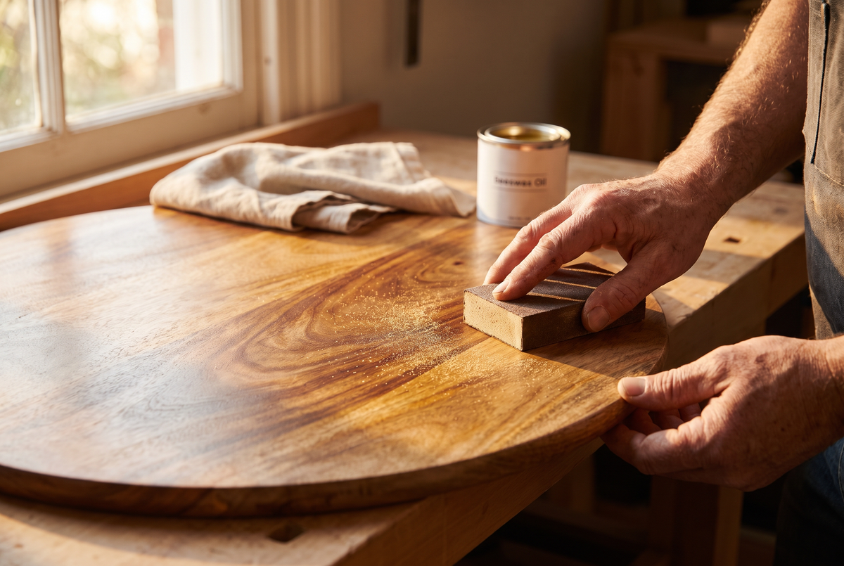Mains d'artisan posées sur un plateau en bois massif