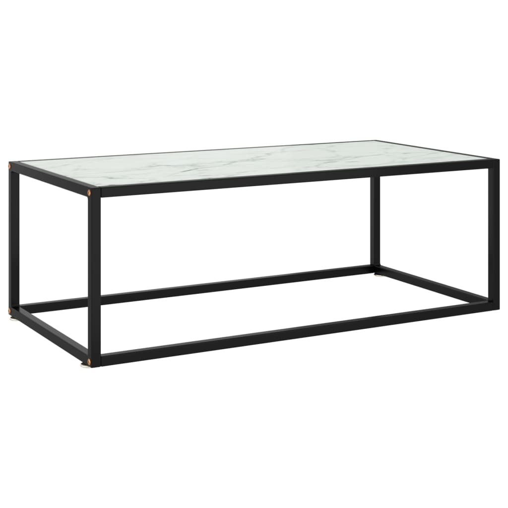 Table basse 100 cm en verre décor marbre blanc, cadre acier noir