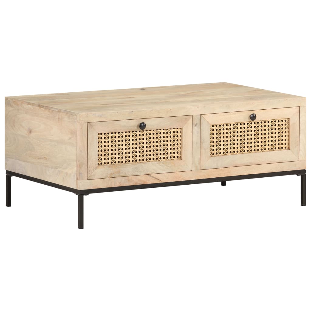 Table basse 90 cm en manguier blanchi et cannage, pieds acier