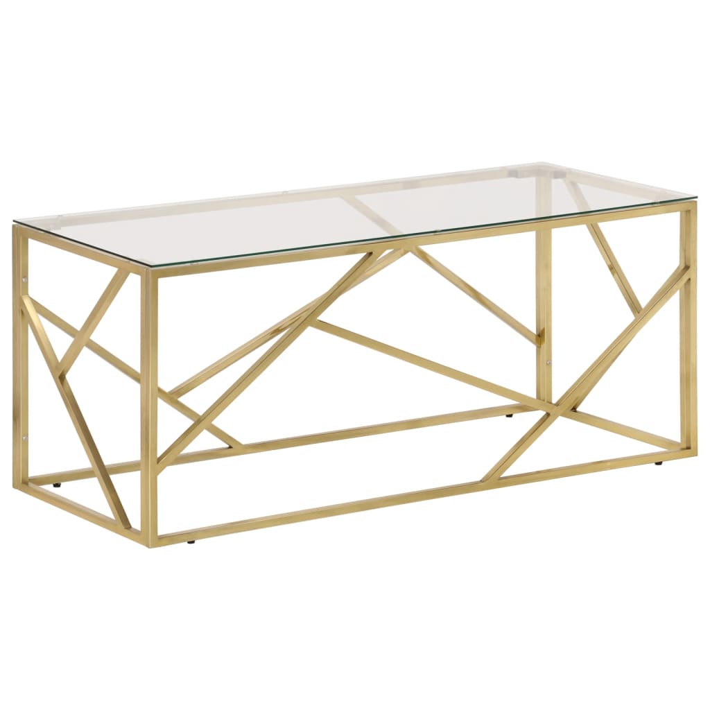 Table basse 110 cm en verre trempé, cadre doré géométrique