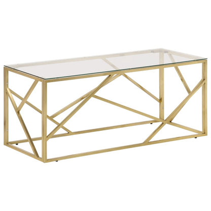 Table basse 110 cm en verre trempé, cadre doré géométrique