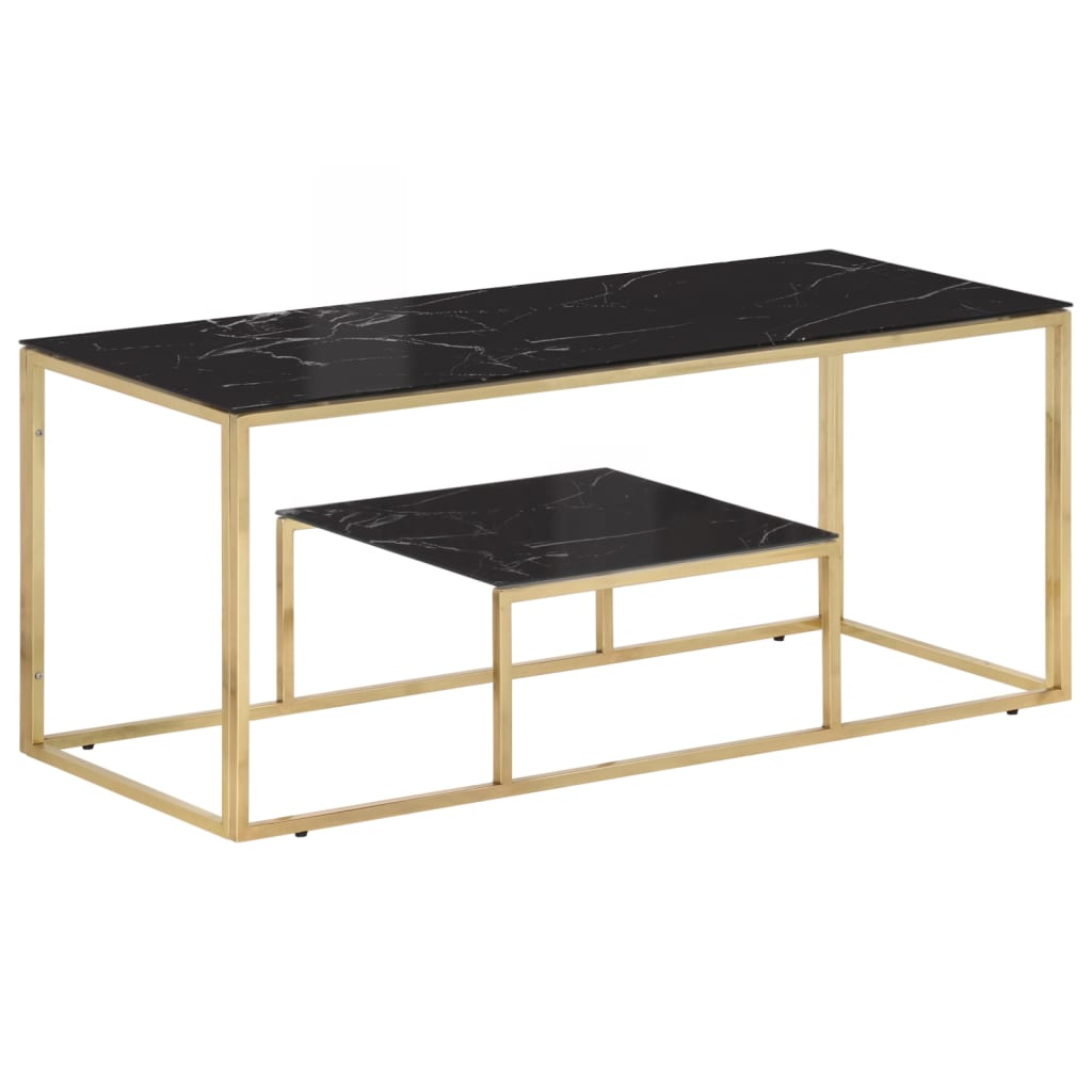 Table basse 110 cm en verre décor marbre noir, cadre doré, 2 niveaux