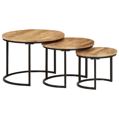 Tables gigognes rondes Ø55 en manguier brut, lot de 3